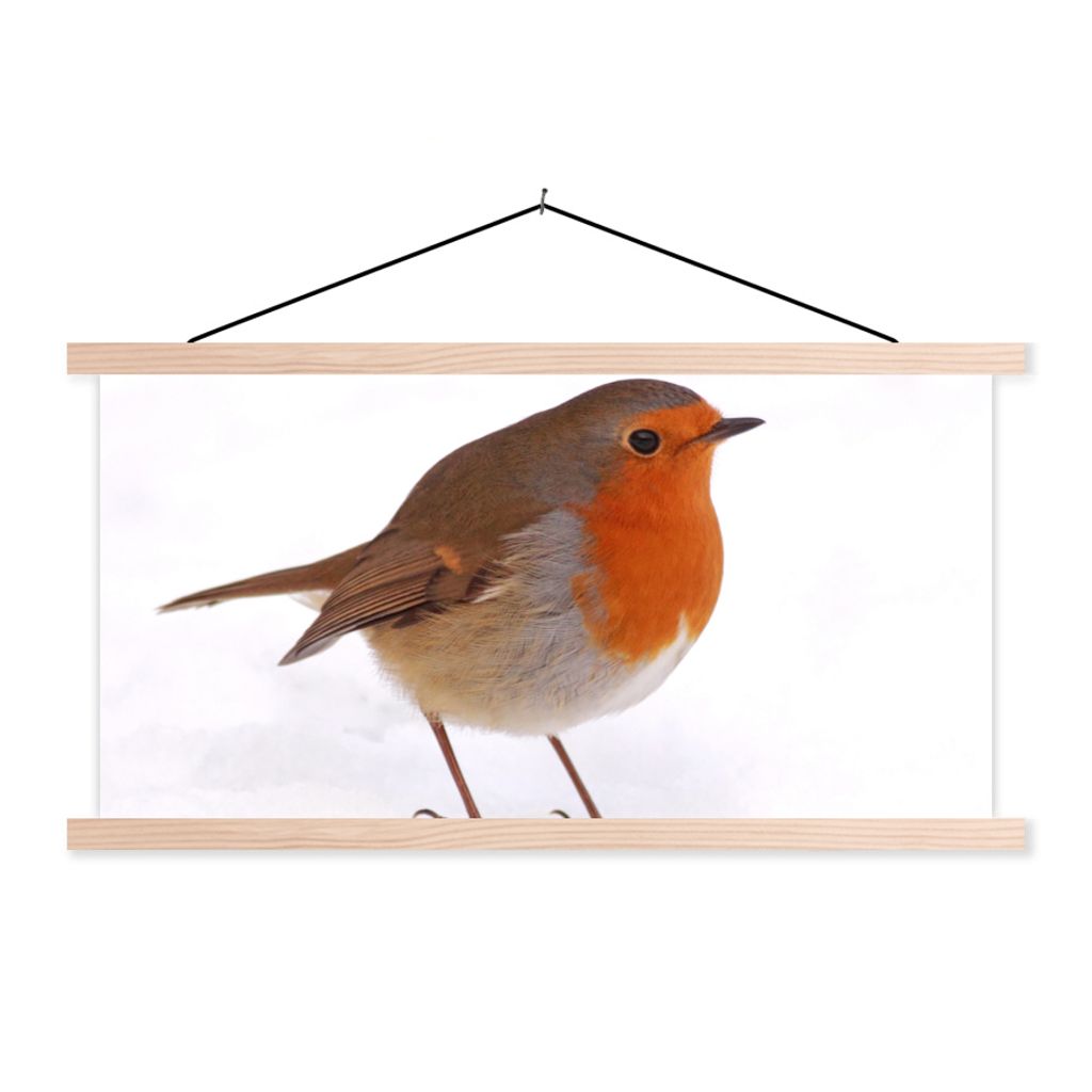MuchoWow Textilposter Vogel - Rotkehlchen - Schnee 120x60 cm mit holzfarbenen Rahmen - Klemmleiste