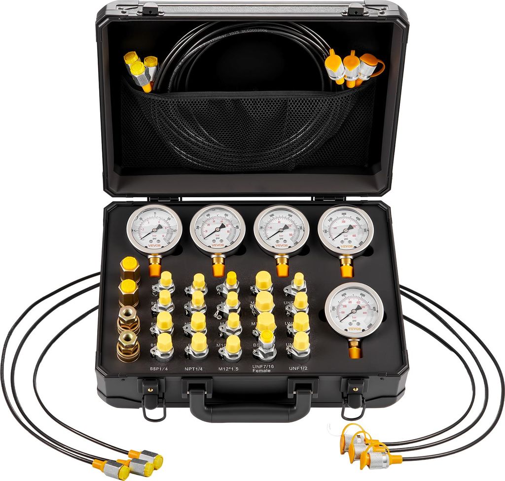 VEVOR Hydraulikdruck Testkit, 10 / 60 / 160 / 400 / 600 Bar, Hydraulik Messgerät Set inkl. 5 Messgeräte, 20 Kupplungen, 4 Schnellkupplungen, 3 Sc...