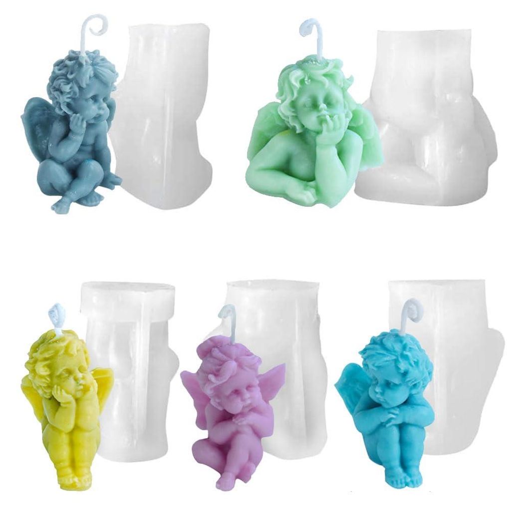 5-teiliges Silikon-Kerzenhalter-Set mit 3D-Engelmotiv für Kerzen, Duftsteine und Schokolade – ideal zum Selbermachen.