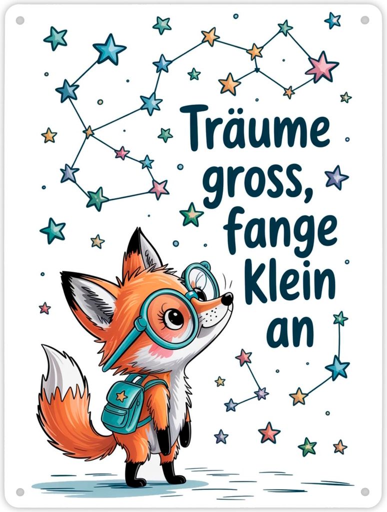 Fuchs mit Rucksack - Träume gross Metallschild XL in 21x28 cm