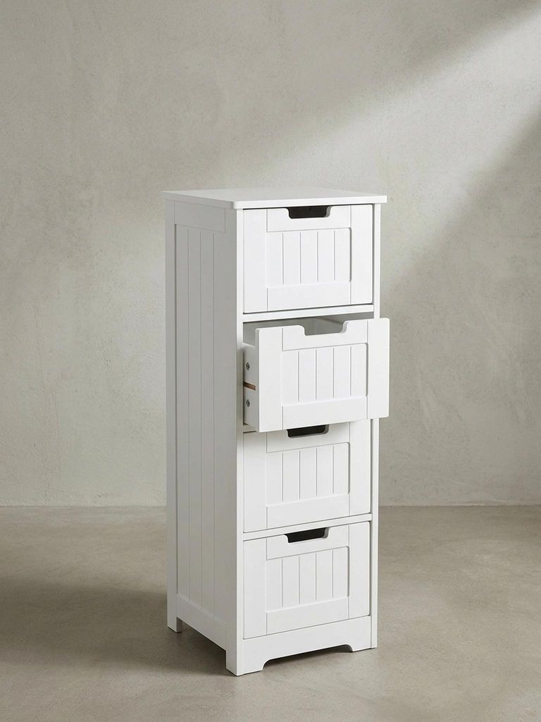 Landhausstil Badkommode in Weiß, 4 Schubladen, zusätzliche Ablagefläche. 30x30x83 cm | Kadima Design