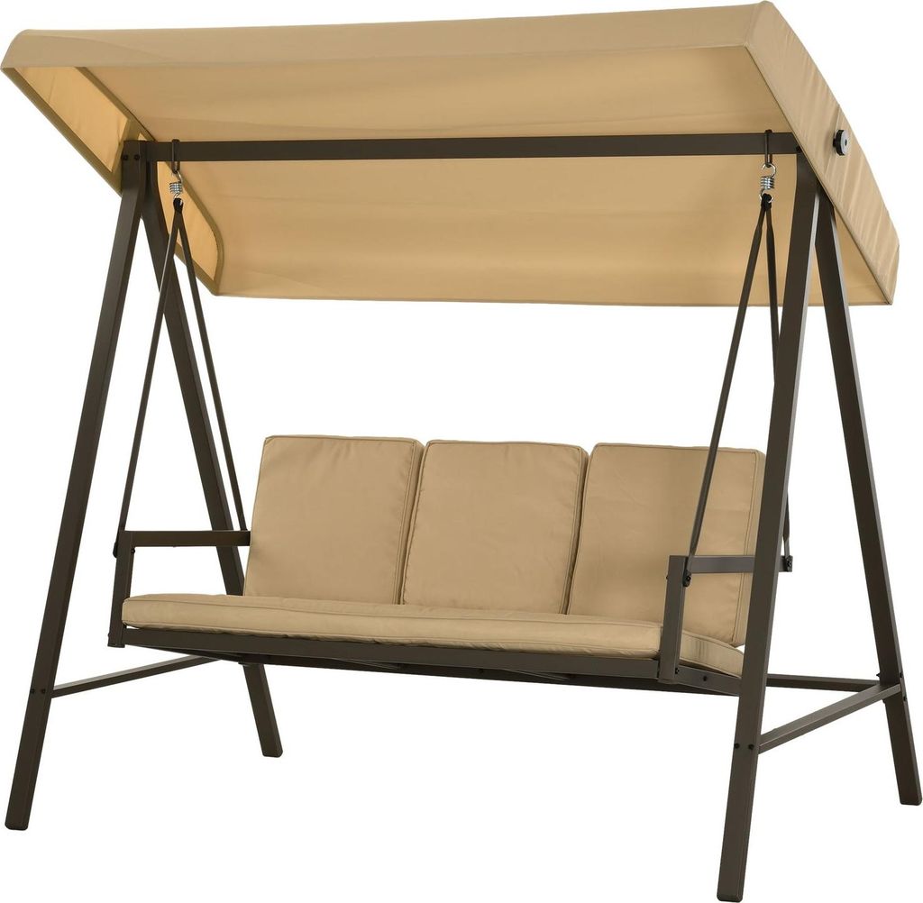 Hollywoodschaukel 3-Sitzer Schaukelbank Mit Verstellbarem Dach, Schwingbank Mit Rückenkissen, Gartenschaukel Bis 360 Kg Belastbar, Beige