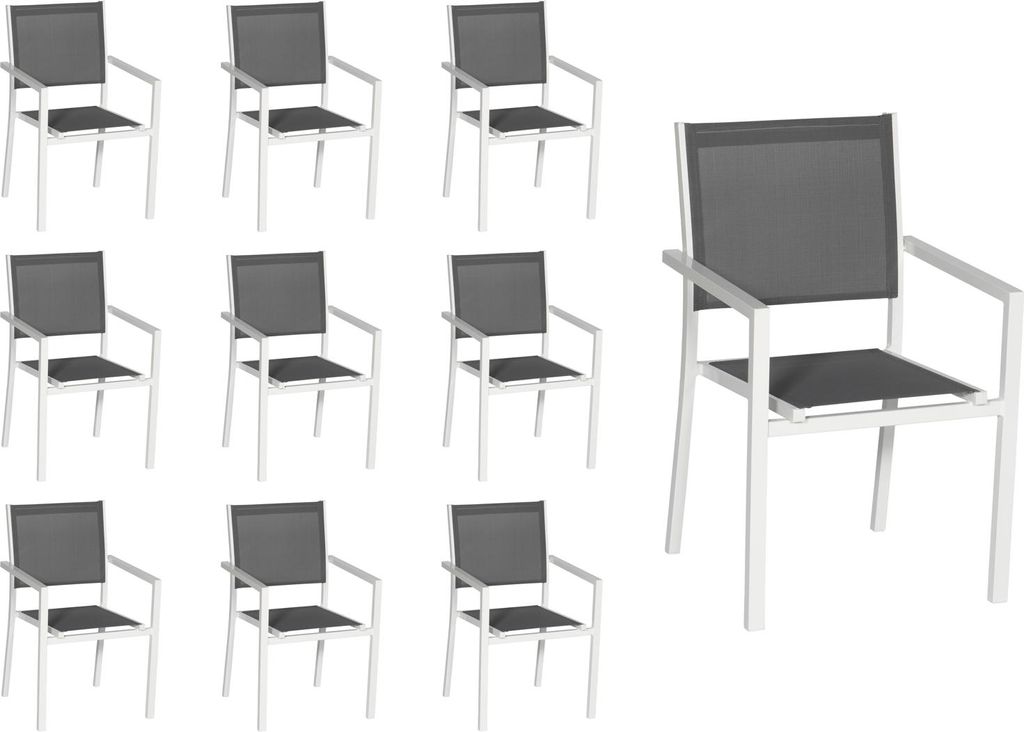 10er Set Stühle aus weißem Aluminium - graues Textilene