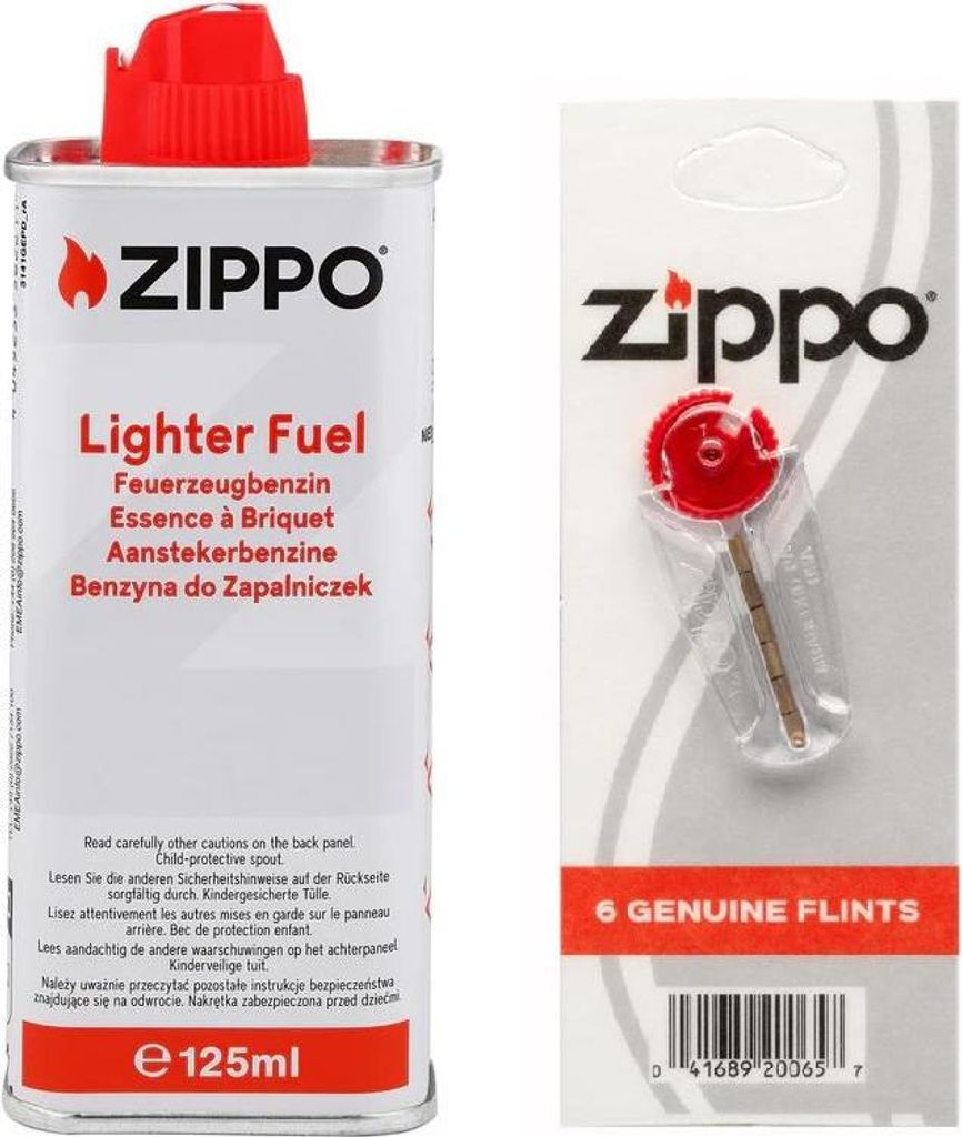 Zippo Original Sets Feuerzeugbenzin Feuersteine Flints Docht Wick Watte Filz 6 x Flint / Feuerstein 1 x 125ml