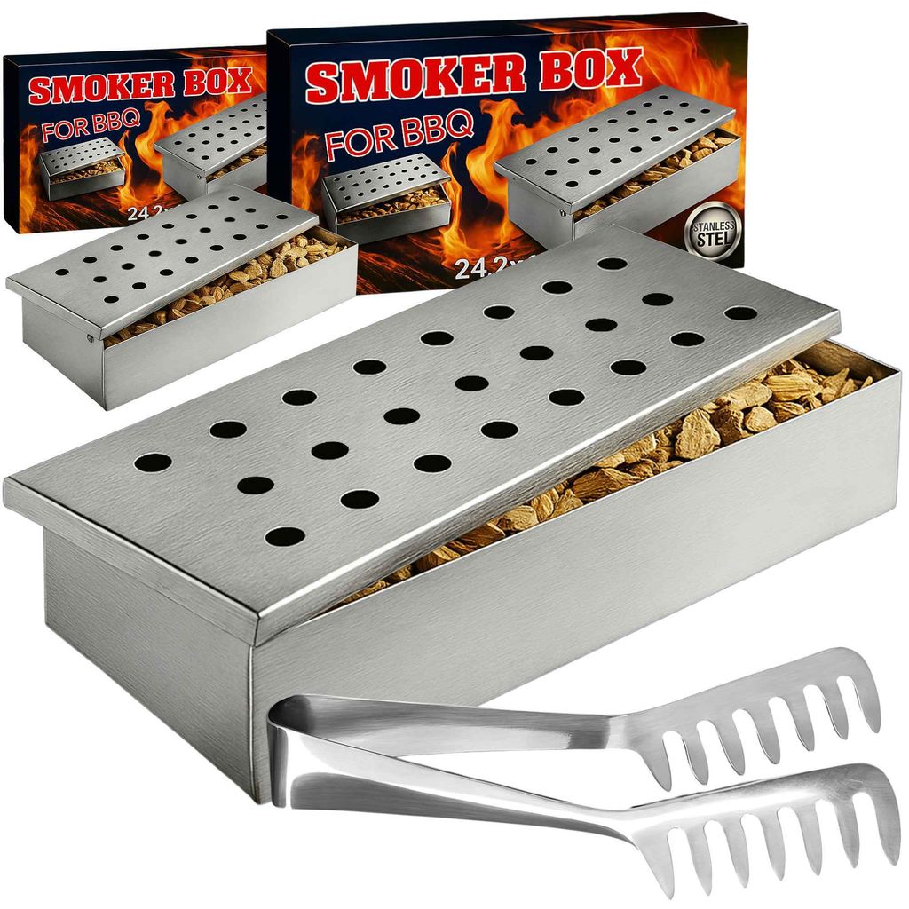 2 x Edelstahl Räucherbox + 1 Zange Smokerbox Räucherdose Produktbild 