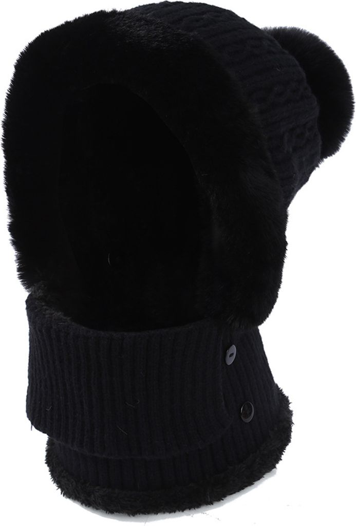 Wintermütze für Damen mit Schal, gestrickt, dick, mit Plüsch gefüttert, winddicht, Bommelmütze, umfassender Schutz, Radsport-Outdoor-Kappe, el...
