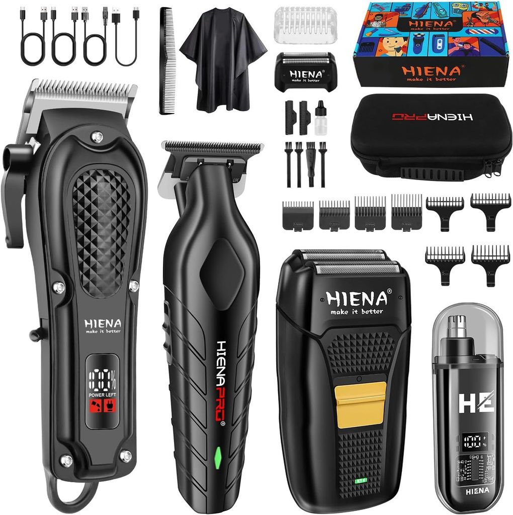 HIENA Pro Herren Haarschneider Set – Kabelloser Profi-Trimmer, USB-Ladebar, Bart- & Nasenhaarschneider, Folienrasierer, Männer Gesichtspflege