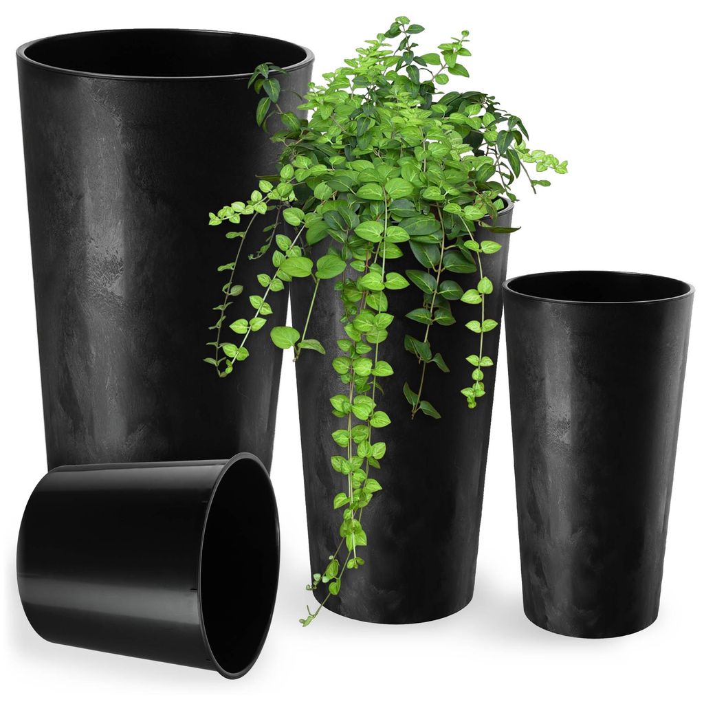 KADAX Set mit 3 Blumentöpfen + Einsatz, Graphit-Blumenständer, hoch, Garten, 57 cm
