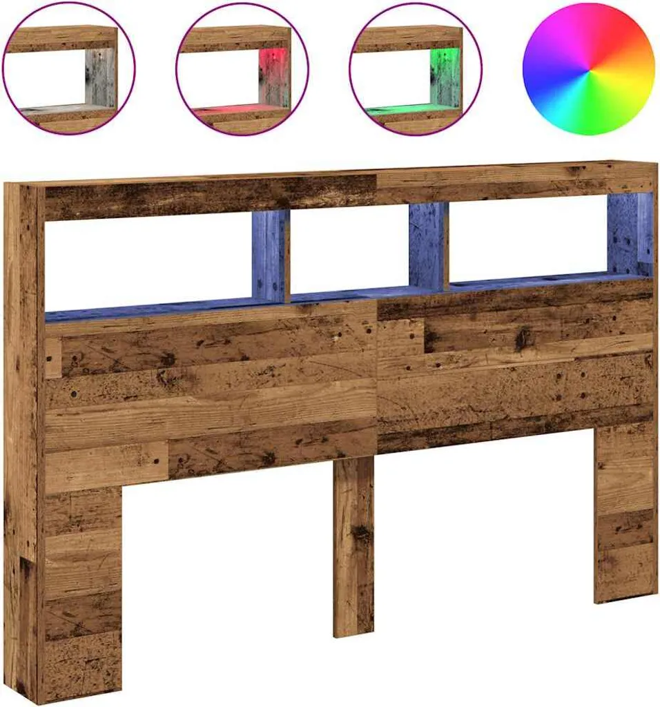 Testata Letto Industrial LED e Legno Antico 160x17 cm Scaffali