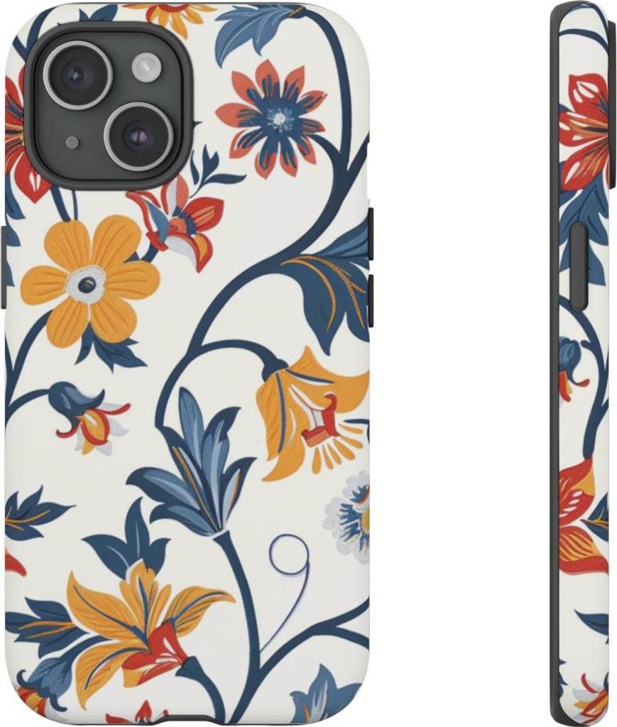 Retro-Blumenmuster in Blau, Rot und Gelb – Hülle Kompatibel mit iPhone 15