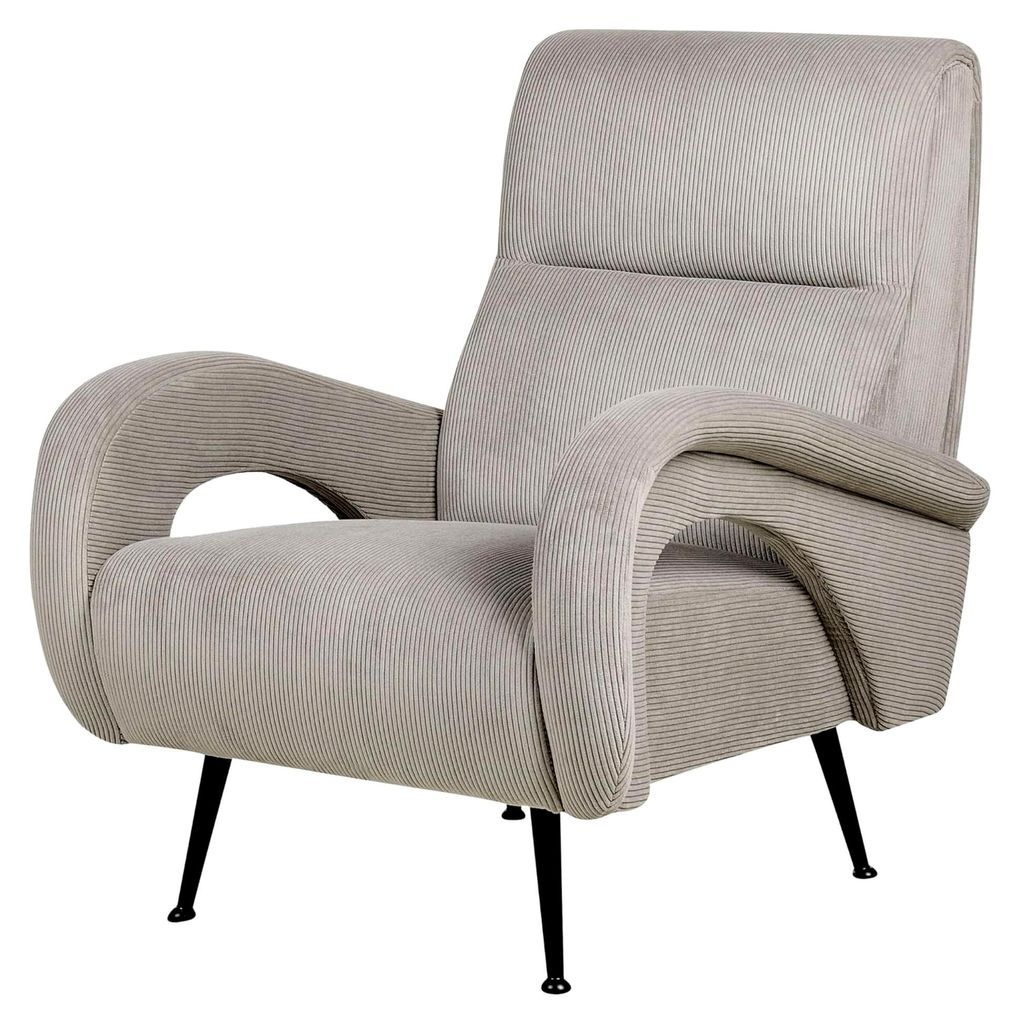 Sessel aus grauem Cord mit schwarzen Beinen im Retro-Stil