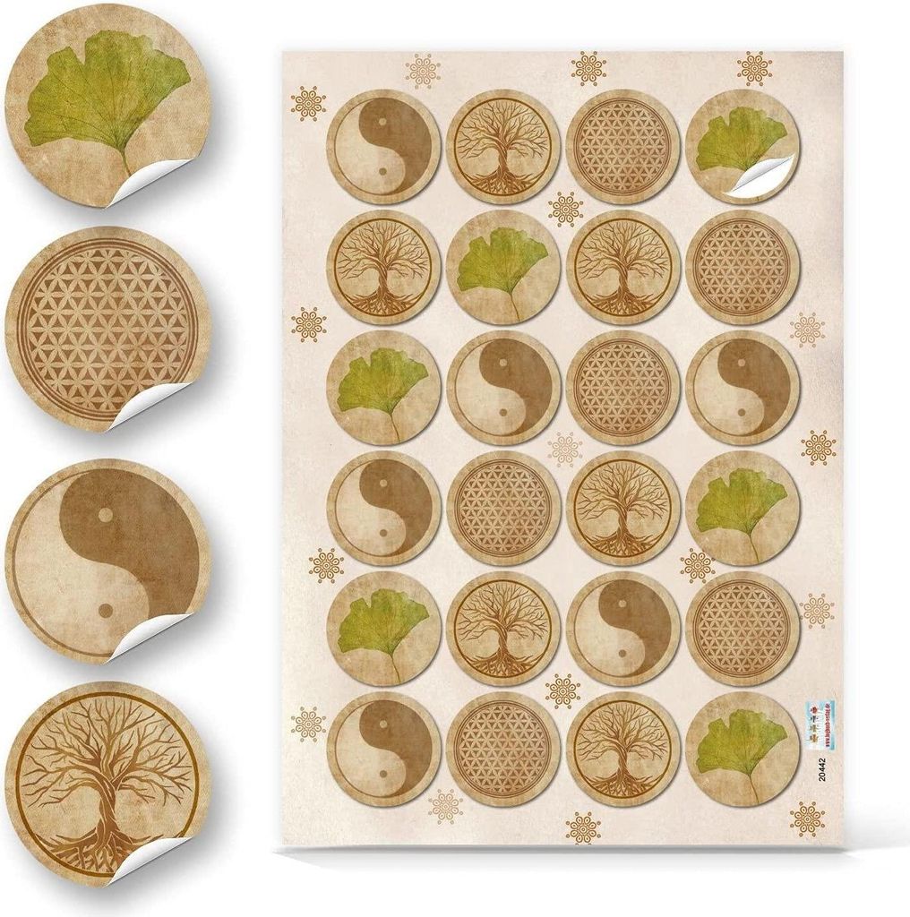 Logbuch-Verlag 24 Aufkleber Yin Yang + Lebensbaum + Lebensblume + Ginkgo - spirituelle Symbole Sticker Etiketten natur braun grün48 Aufkleber / 2 ...