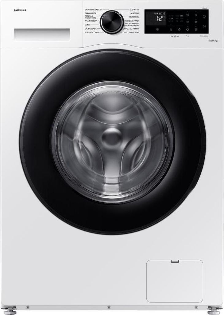 A front view of a white Samsung washing machine with a black door and control panel.
