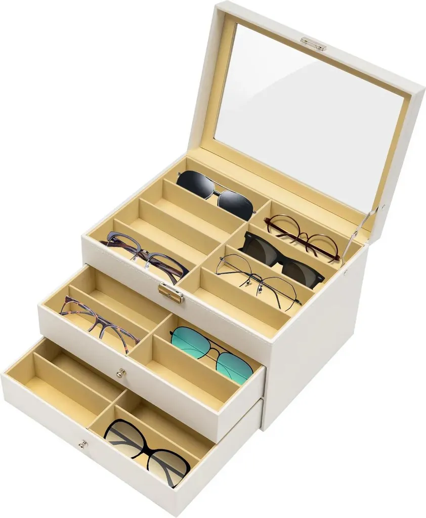 Coffret de rangement pour lunettes 24 paires blanc avec tiroirs coulissants