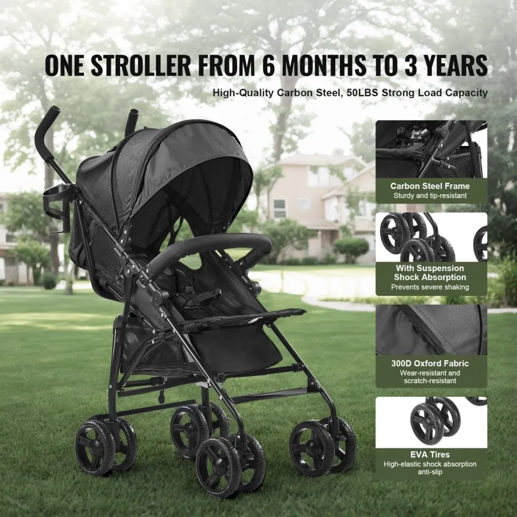Poussette Buggy compacte noir dossier réglable - Confort enfant optimal