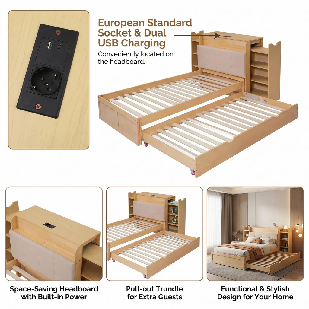 Lit enfant 90x200 cm bois naturel : solution gain de place avec USB - 6