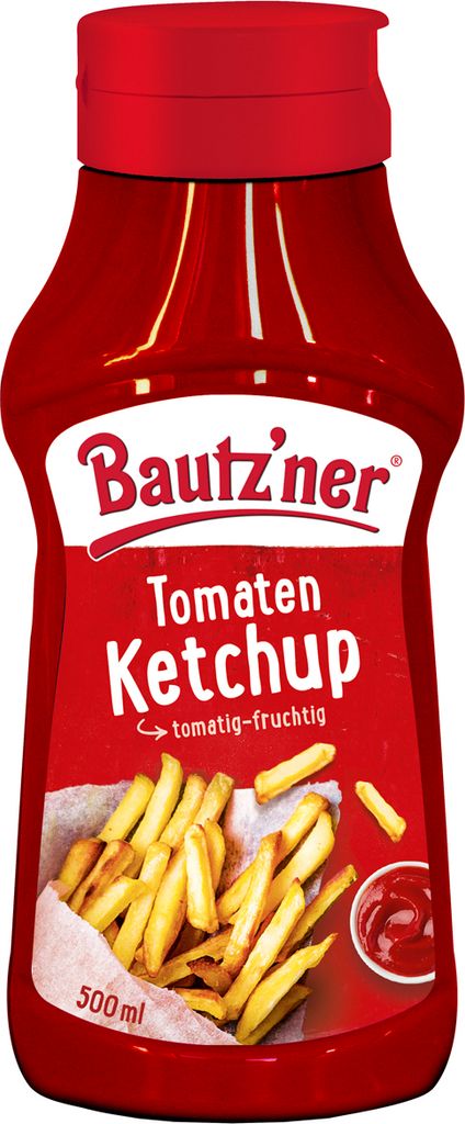 A bottle of Bautzner Tomaten Ketchup with french fries.