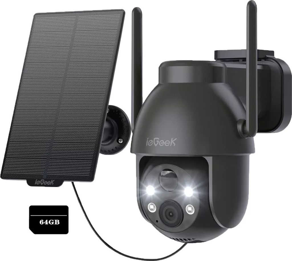 ieGeek 2K 3MP HD Überwachungskamera Aussen Solar 360° PTZ Akku IP Kamera, WLAN Kamera mit PIR Bewegungsmelder, Farb-Nachtsicht, 2-Wege-Audio, 64GB