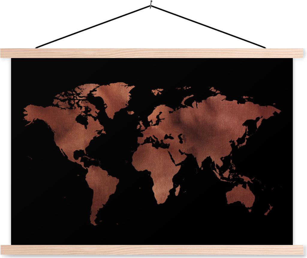 MuchoWow Textilposter Weltkarte - Schwarz - Rot 60x40 cm mit holzfarbenen Rahmen - Bilder