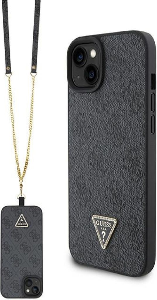 A black Guess phone case with a crossbody strap and a small matching pouch is displayed against a white background.