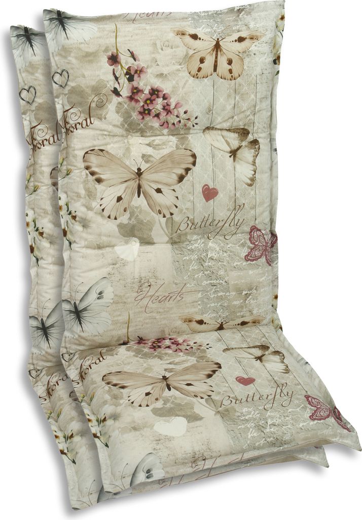 A close-up view of two beige chair cushions with a butterfly and floral pattern.
