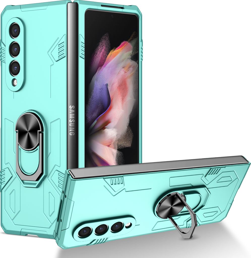 Galaxy Z Fold3 Hülle, Robust Harter PC, Stoßfest, Ringhalter, Ständer Schutzhülle für Samsung Galaxy Z Fold 3 5G Blau