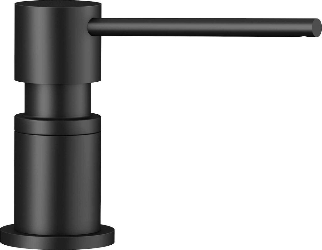 A black soap dispenser with a horizontal spout.
