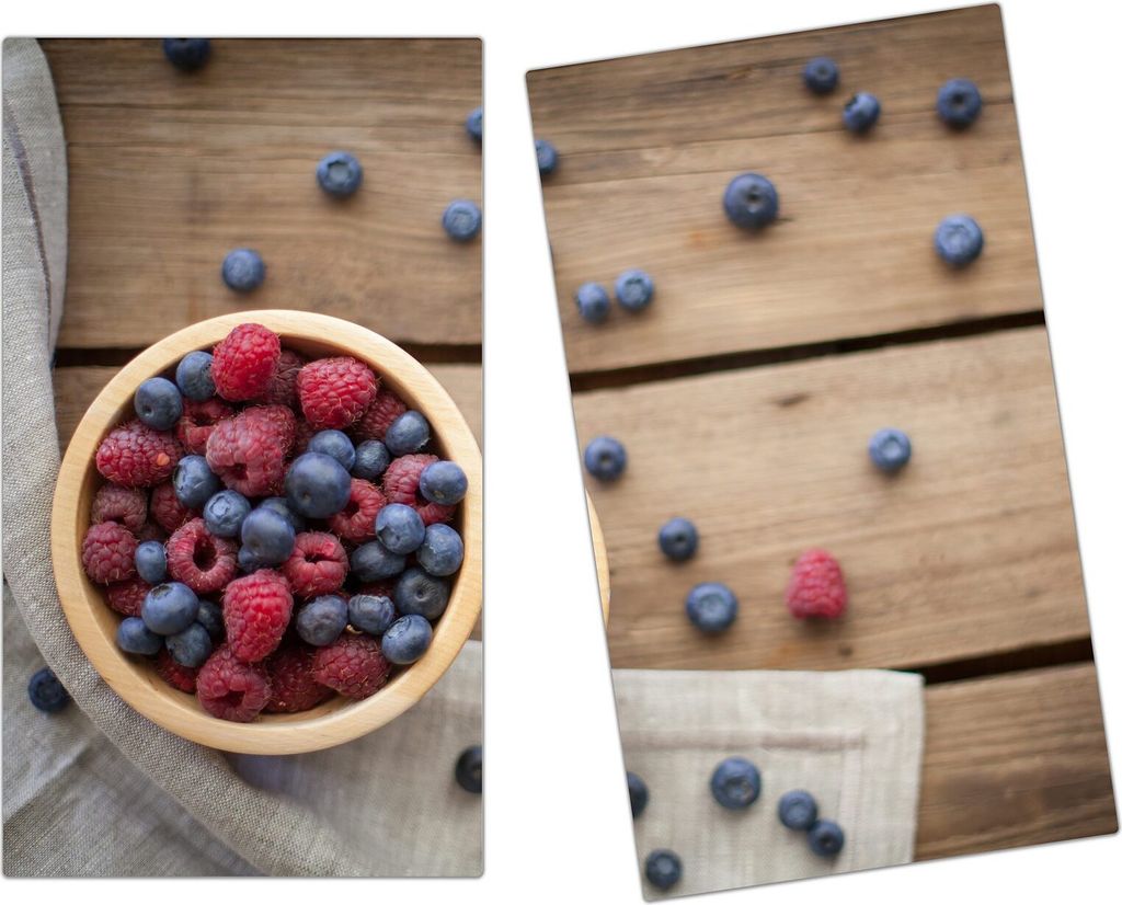Spritzschutz Herdabdeckplatte Schneidebrett aus Glas Heidelbeeren auf Tisch 2-Teilig (60x52cm)