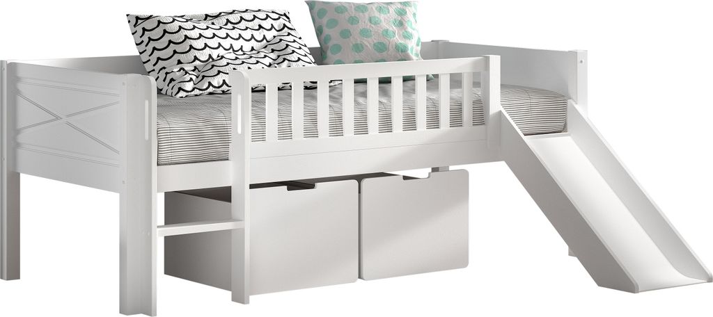 Spielbett >Scott< Rollrost, Rutsche, 90x200cm, Weiß, Massivholz - 208x83x175cm (BxHxT)