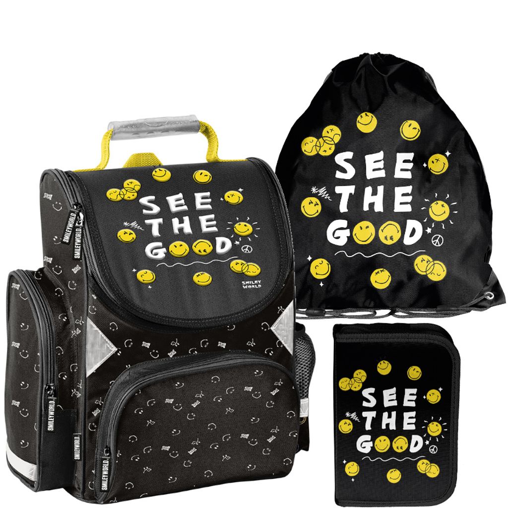 Schulranzen 3-tlg. Set für Mädchen & Jungen SMILEY – Paso Ranzen, Mäppchen, Tasche