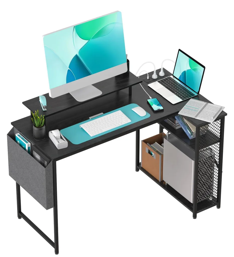Petit bureau d'angle pour télétravail noir avec alimentation USB - 100 x 70 cm