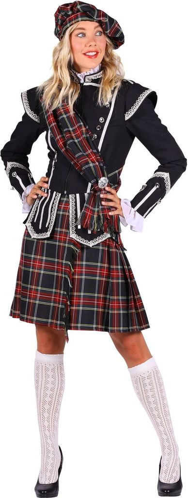 T3270-XS schwarz-rot-kariert Schottische Dame "Rose" Jacke-Rock-Mütze Gr.XS=36