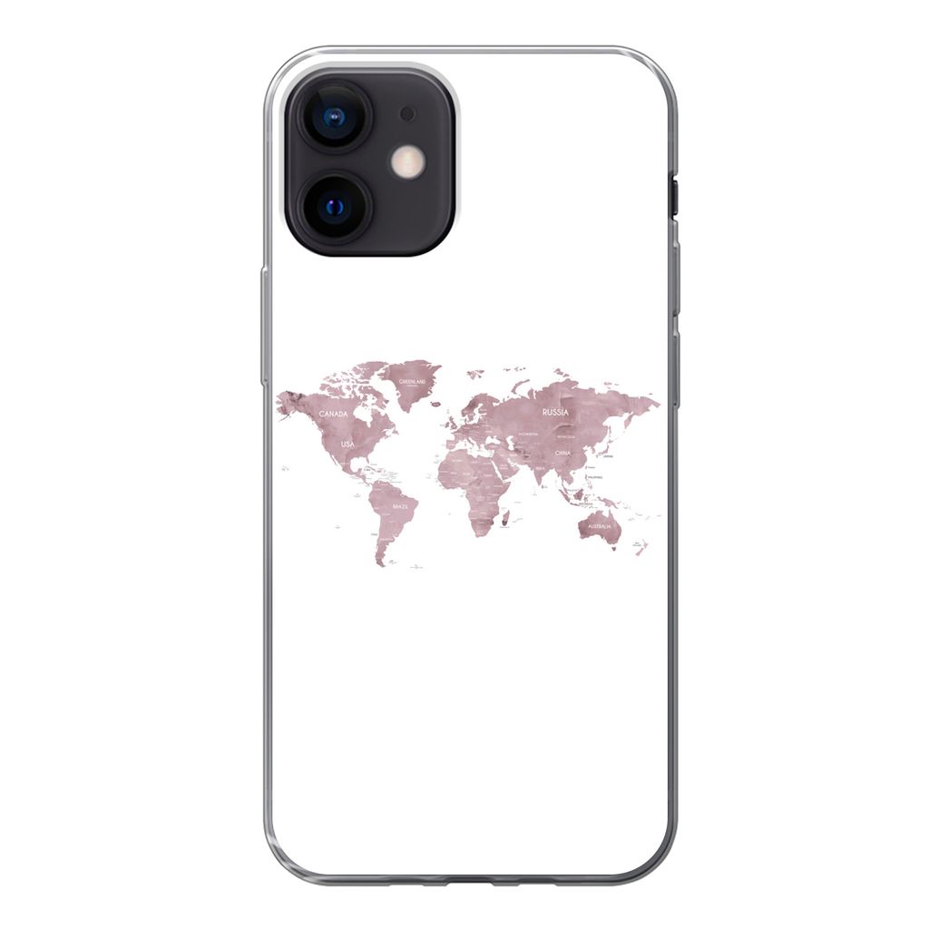 MuchoWow Handyhülle Schutzhülle Hülle für iPhone 12 Weltkarte - Rosa - Weiß Silikon Softcase Handy Hülle - Schutzhülle