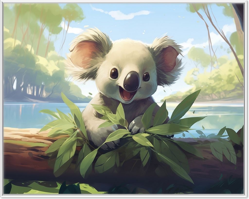 Wallario Wandbild Australische Idylle: Der lächelnde Koala, Größe: 40,30 x 50,30 cm, Poster mit weißem Aluminiumrahmen