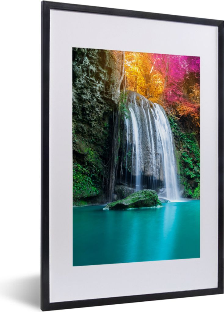 MuchoWow Gerahmtes Poster Wasserfall - Bäume - Rosa - Braun - Natur 40x60 cm - Poster mit Schwarzem Bilderrahmen Wandposter Rahmen Foto Bilder -...