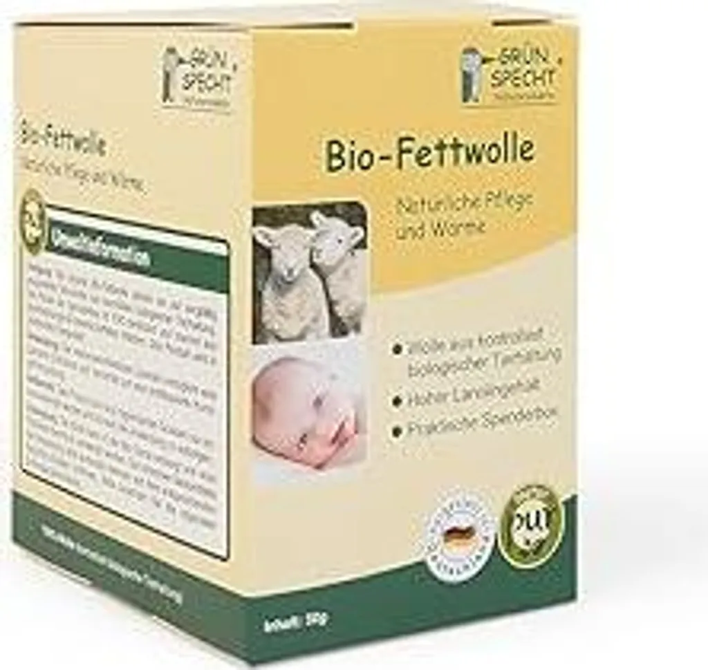 Lana grassa biologica GRÜNSPECHT - 50 g di lana vergine con lanolina per la cura naturale della pelle del bambino e dei capezzoli, da allevamento biologico , scatola dispenser (638-K1)