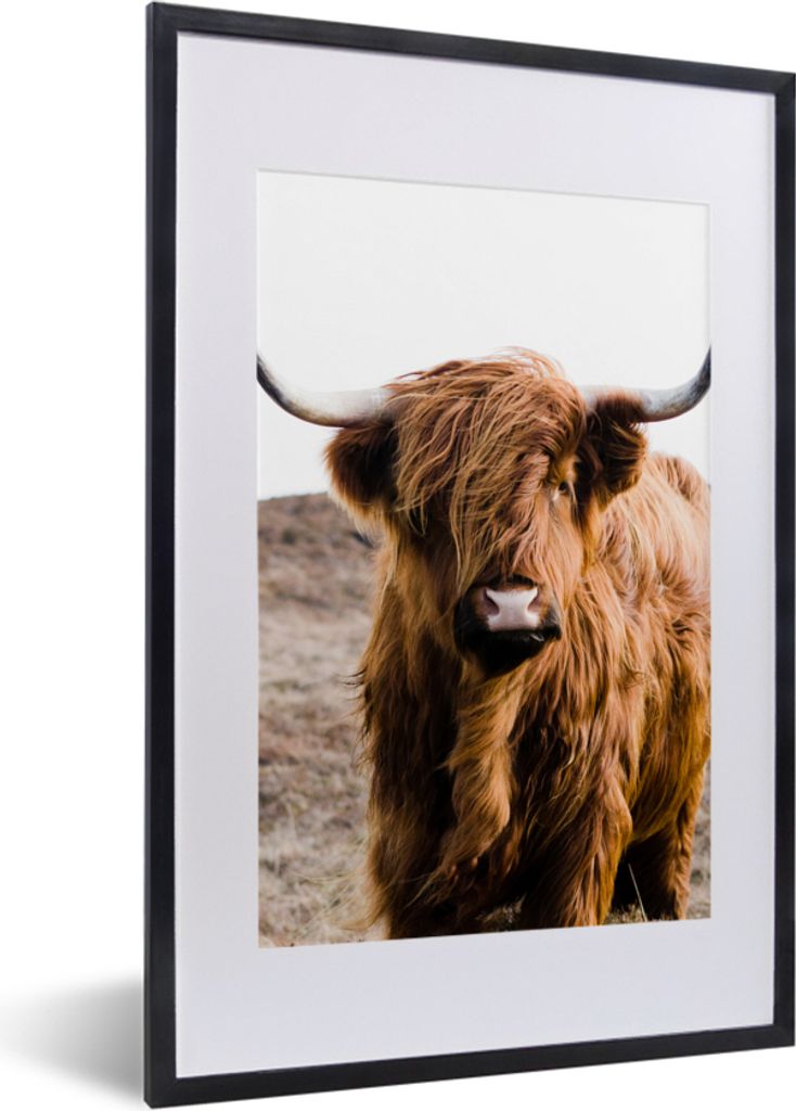 MuchoWow Gerahmtes Poster Schottische Highlander - Landschaft - Kuh - Braun - Tiere - Natur 40x60 cm - Poster mit Schwarzem Bilderrahmen Wandpost...