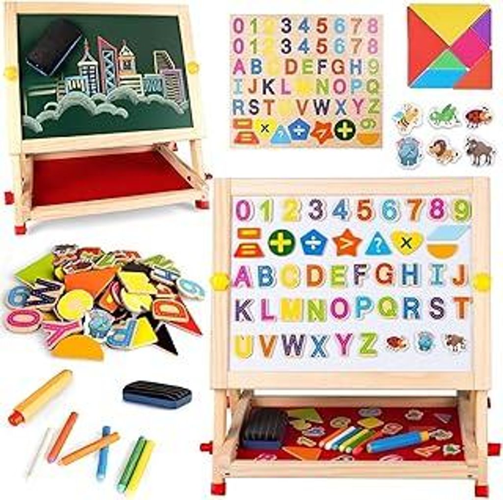 Kinder Holz Tischstaffelei Doppelseitige Tischplatte Zeichenbrett Magnetische Whiteboard Kreidetafel mit Buchstaben Zahlen und anderem Zubehör fü...