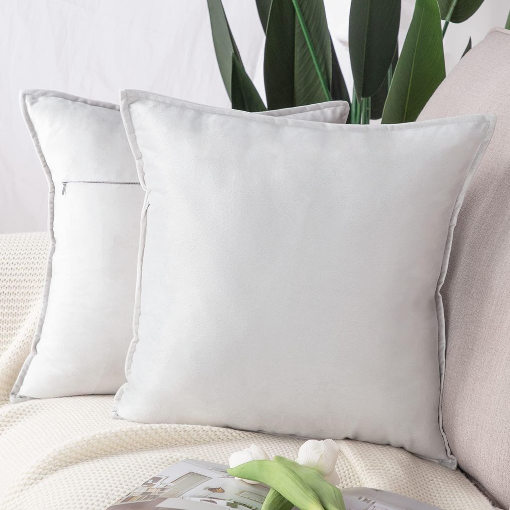 Set mit 2 dekorativen Samtkissenbezügen, Kissenbezüge für Sofa und Schlafzimmer, grau und weiß, quadratisch 50 x 50 cm