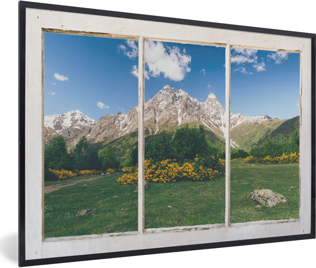 MuchoWow MuchoWow Gerahmtes Poster Ausblick - Felsen - Blumen 60x40 cm - Poster mit zchwarzem Bilderrahmen - Printing - Wanddeko Schlafzimmer