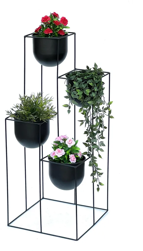 Support plantes intérieur type escalier fleurs en métal noir de 90cm
