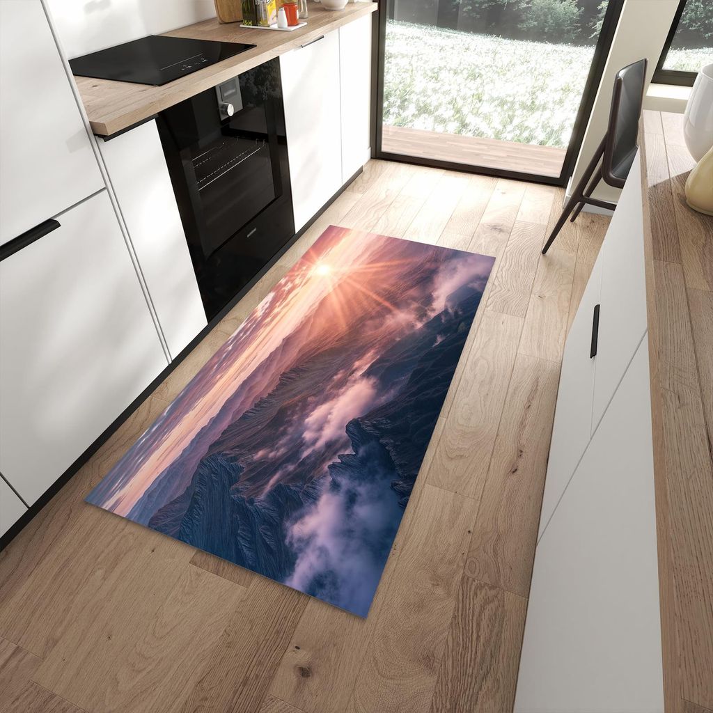 Küchenteppich 90x180cm rutschfest & abwischbar PVC Läufer - Sonnenaufgang Berge