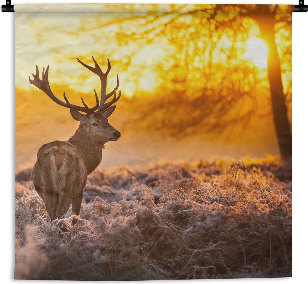 MuchoWow Wandteppich Wandbehang Hirsche - Tiere - Sonnenuntergang - Winter - Heidekraut - Natur 60x60 cm Tapisserie Dekoration Wandtuch - Dekorat...