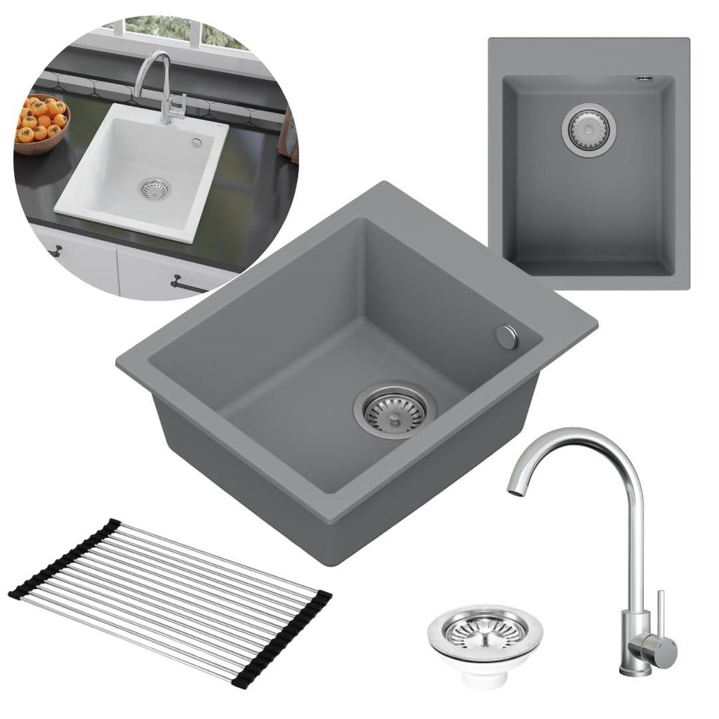 GranMaster Granitspüle Titanfarbe Set mit Stahlbatterie mit U-förmigem Auslauf, ausrollbare Abtropfmatte und Platzsparender Siphon mit Überlauf