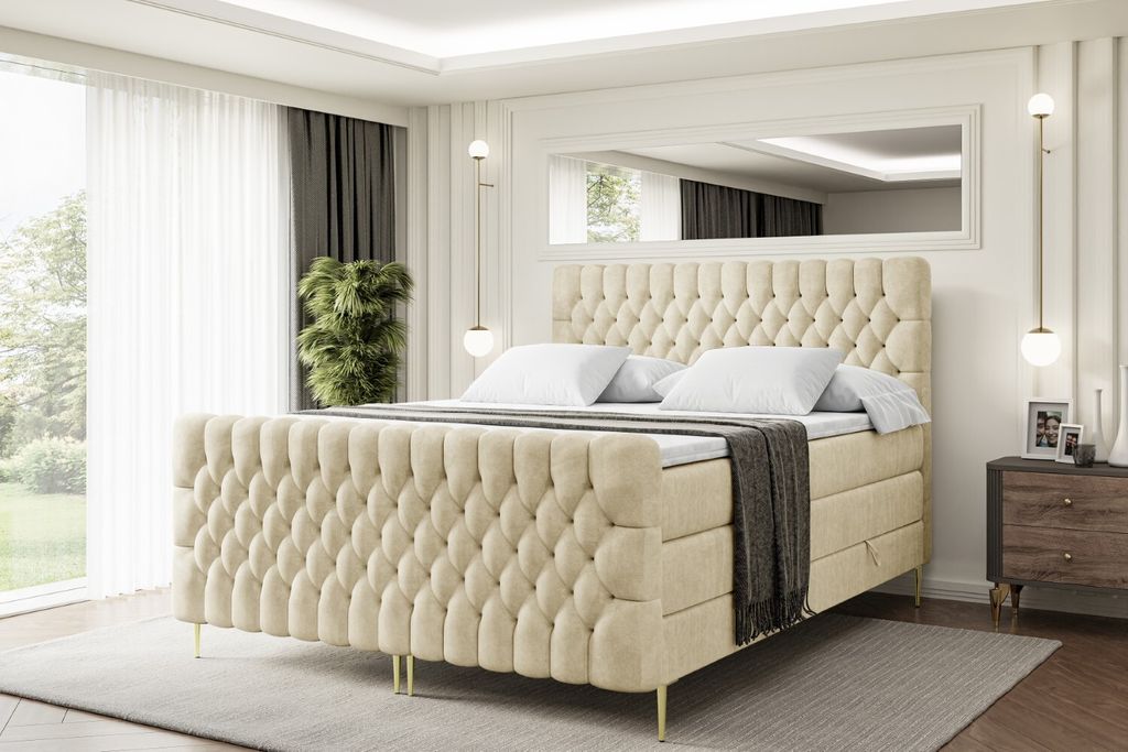 ALTDECOR Boxspringbett mit Gold Füßen, Matratze und Lattenrost, Topper, Fußteil, Polsterbett mit Bettkasten, Bett mit Stauraum H3- und H4- Matra...