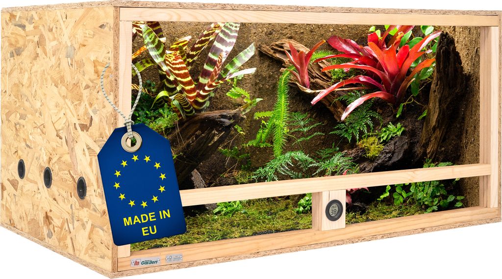 ITA Holz Terrarium 100x60x50 cm mit Seitenbelüftung & Integriertem Hygrometer - Holzterrarium aus OSB-3 Platten - Terrarien für Reptilien, Schlan...