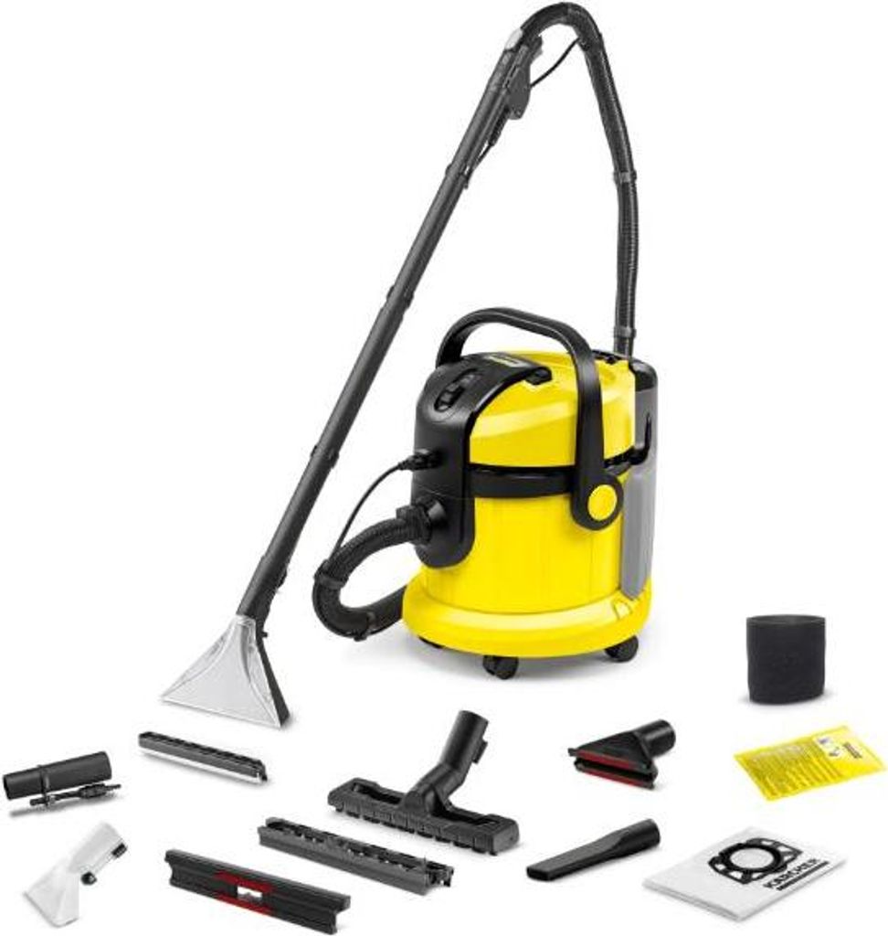A yellow and black Kärcher wet and dry vacuum cleaner with various attachments is displayed on a white background.