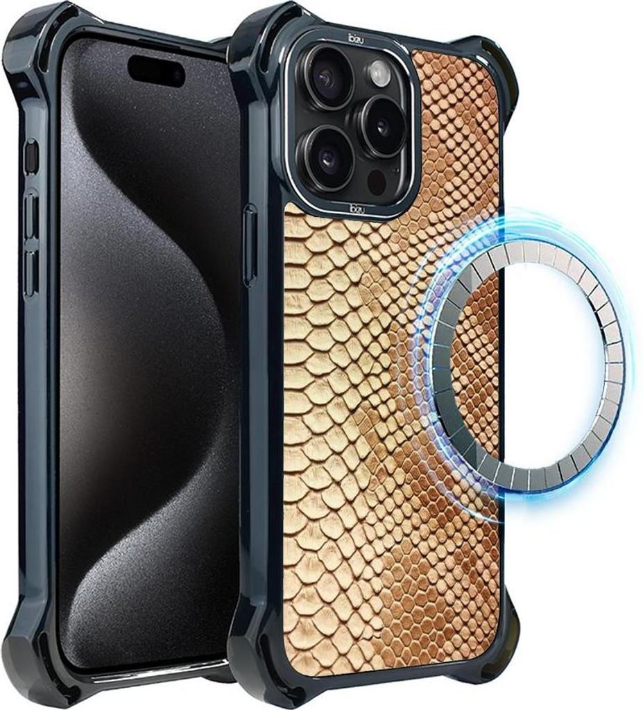 Schutzhülle für das iPhone 15 Pro Max, MagSafe-kompatibel, verstärkte Ecken, schwarz, Schlangenhaut