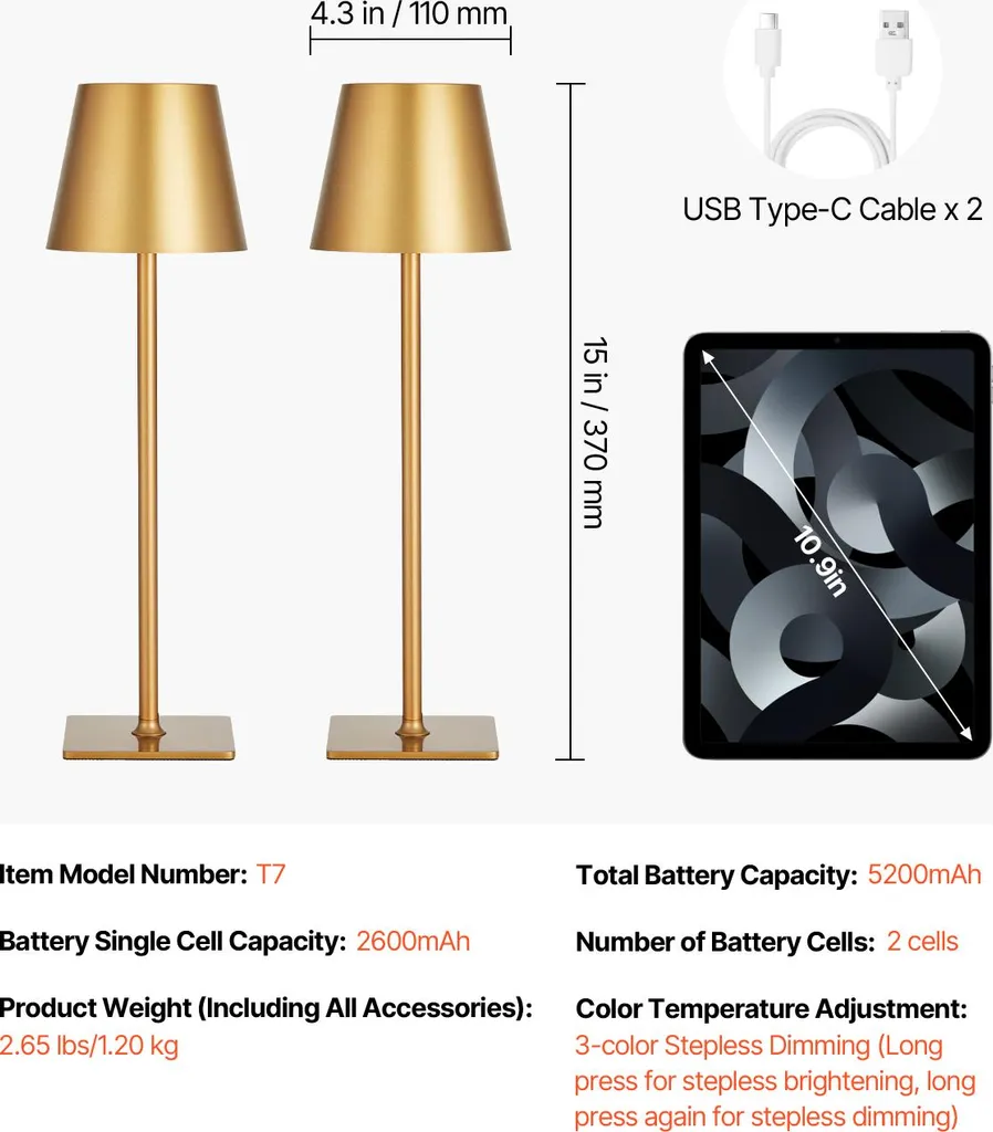 Lampe de Bureau Rechargeable LED Dorée avec Variation de Couleurs