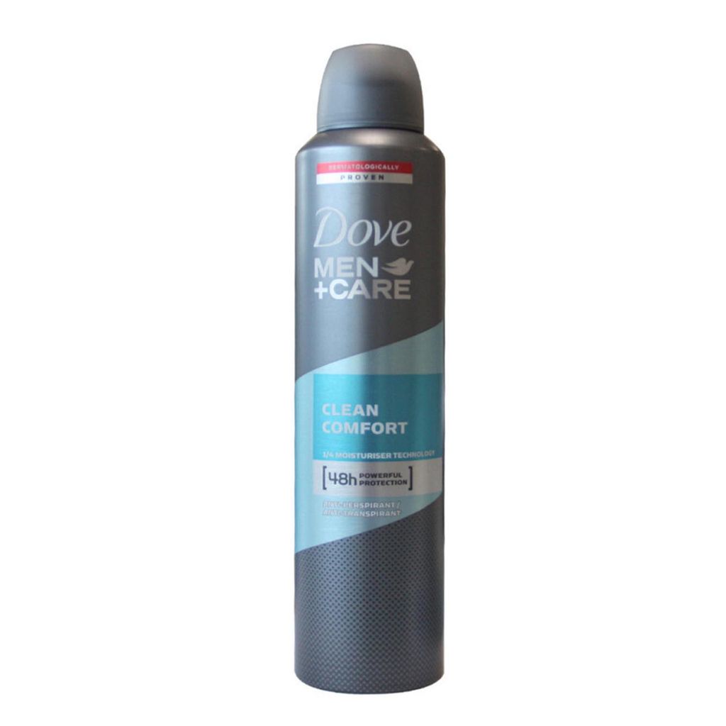 A Dove Men + Care Clean Comfort deodorant spray can.